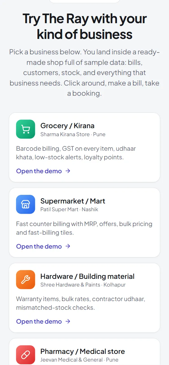 The Ray billing app demo: making a GST bill in Sharma Kirana Store